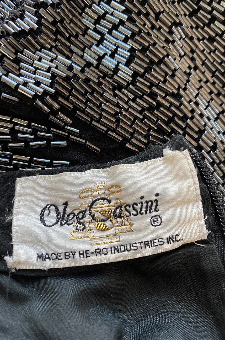 Late 1970s Oleg Cassini Extensively Beaded & Panelled Skirt Black Silk Chiffon Dress