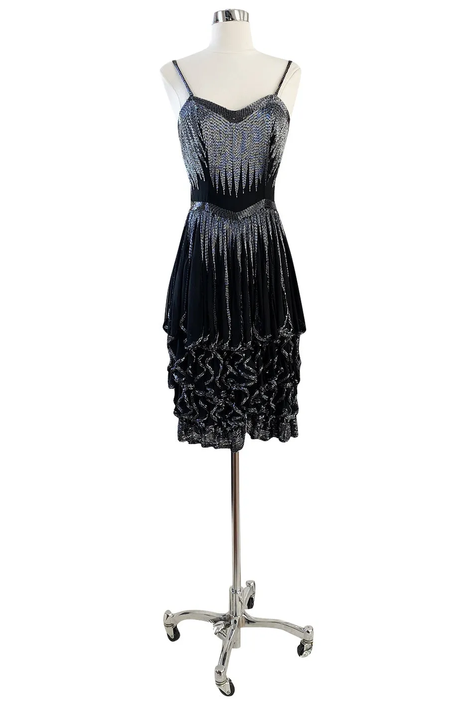 Late 1970s Oleg Cassini Extensively Beaded & Panelled Skirt Black Silk Chiffon Dress