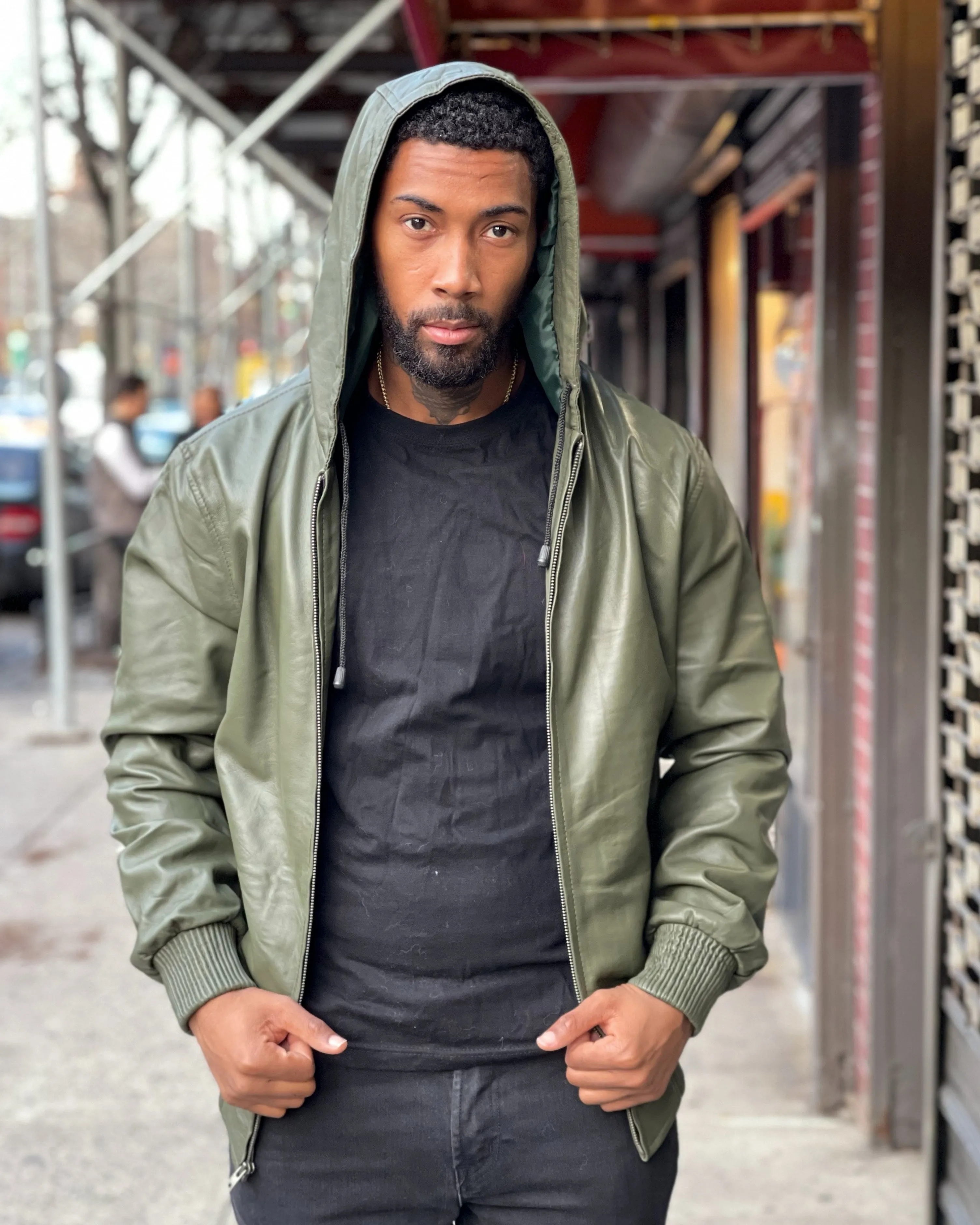 MEN LEATHER HOODIE- OLIVE GREEN