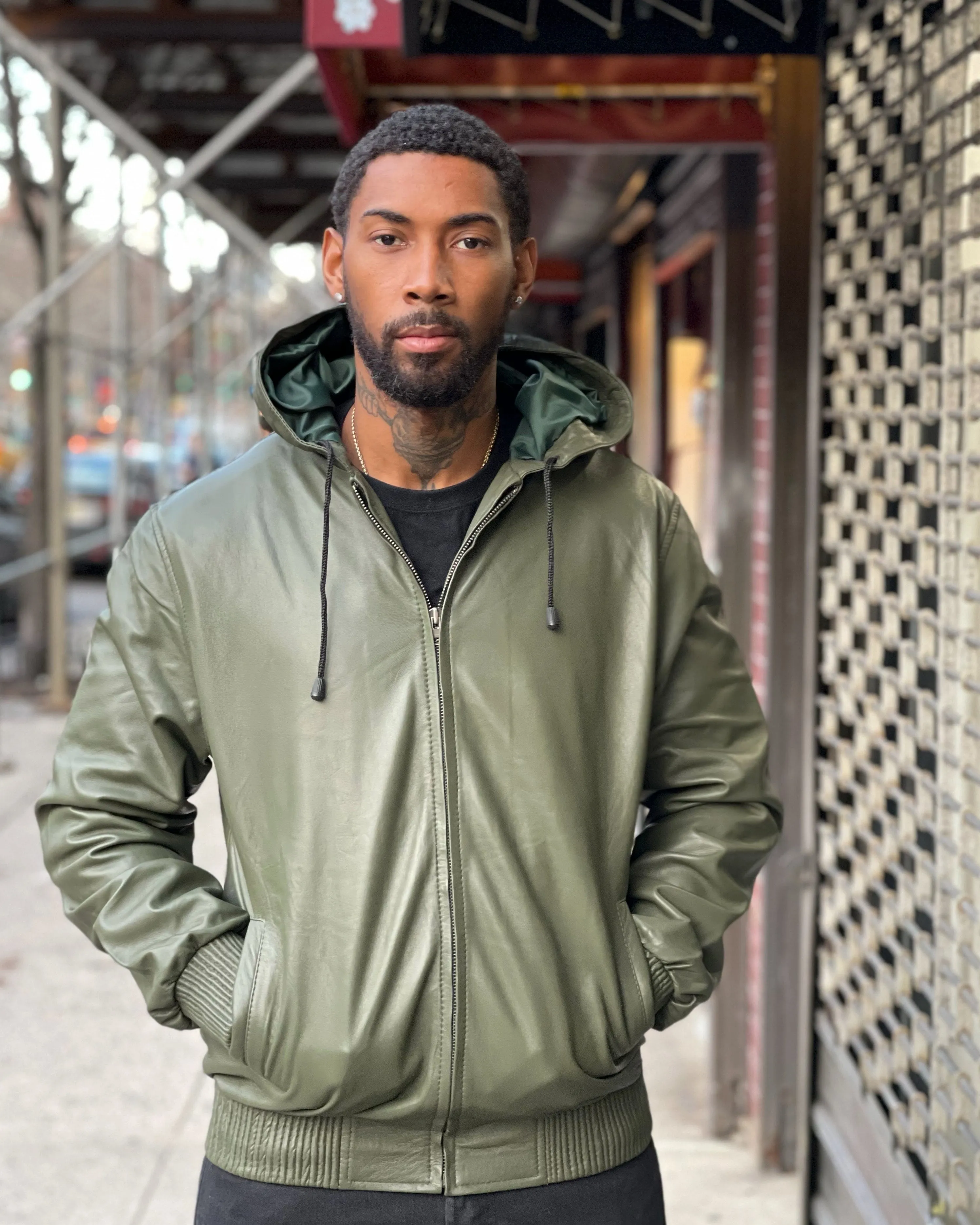 MEN LEATHER HOODIE- OLIVE GREEN