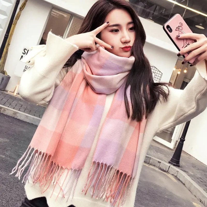 Oversized Tartan Scarf Winter Long Plaid Tassels Shawl
