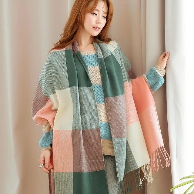 Oversized Tartan Scarf Winter Long Plaid Tassels Shawl