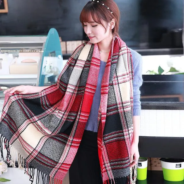 Oversized Tartan Scarf Winter Long Plaid Tassels Shawl