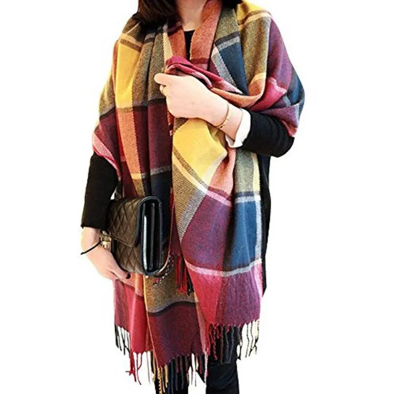 Oversized Tartan Scarf Winter Long Plaid Tassels Shawl
