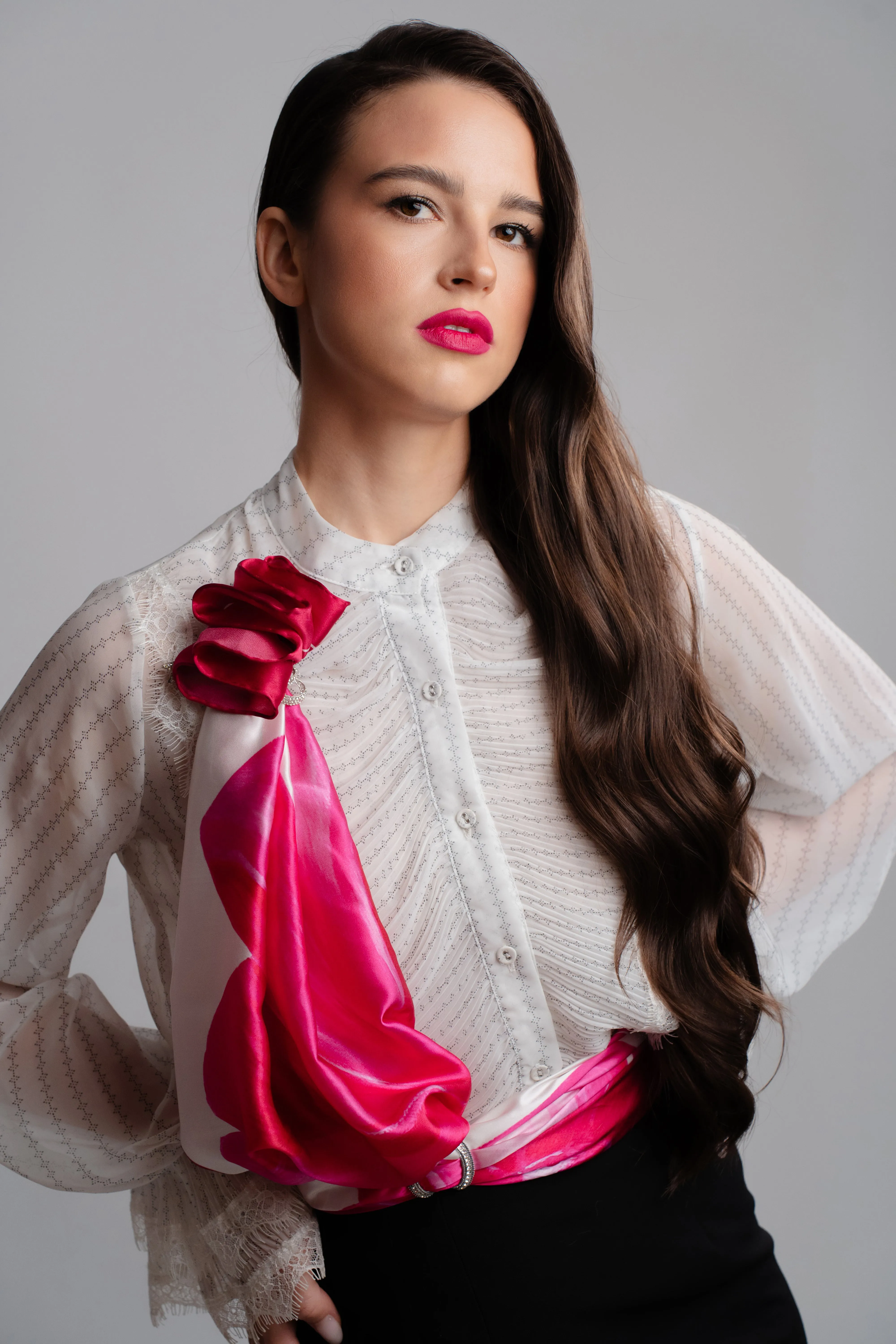 PINK BOW Designer 100% Silk Art-A-Porte Scarf Magenta Border