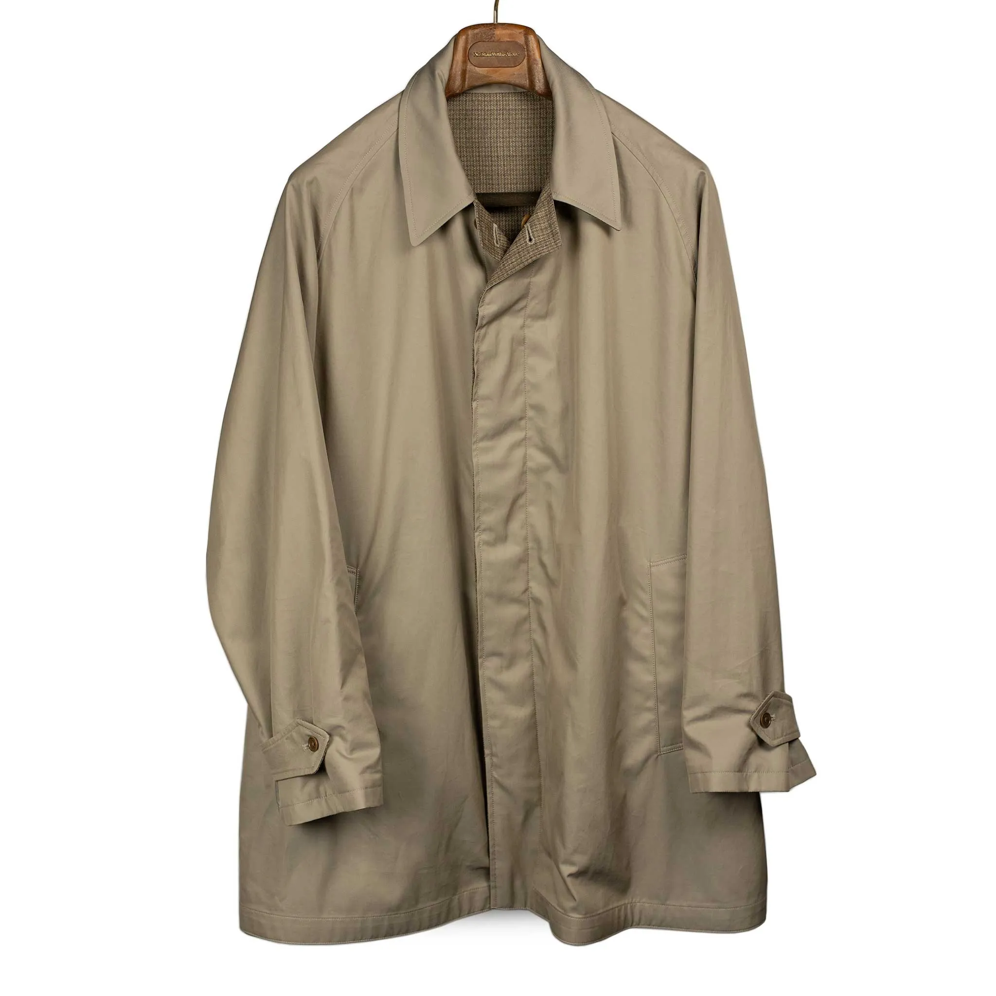 Reversible Short Walker coat in khaki cotton twill and wool gunclub check