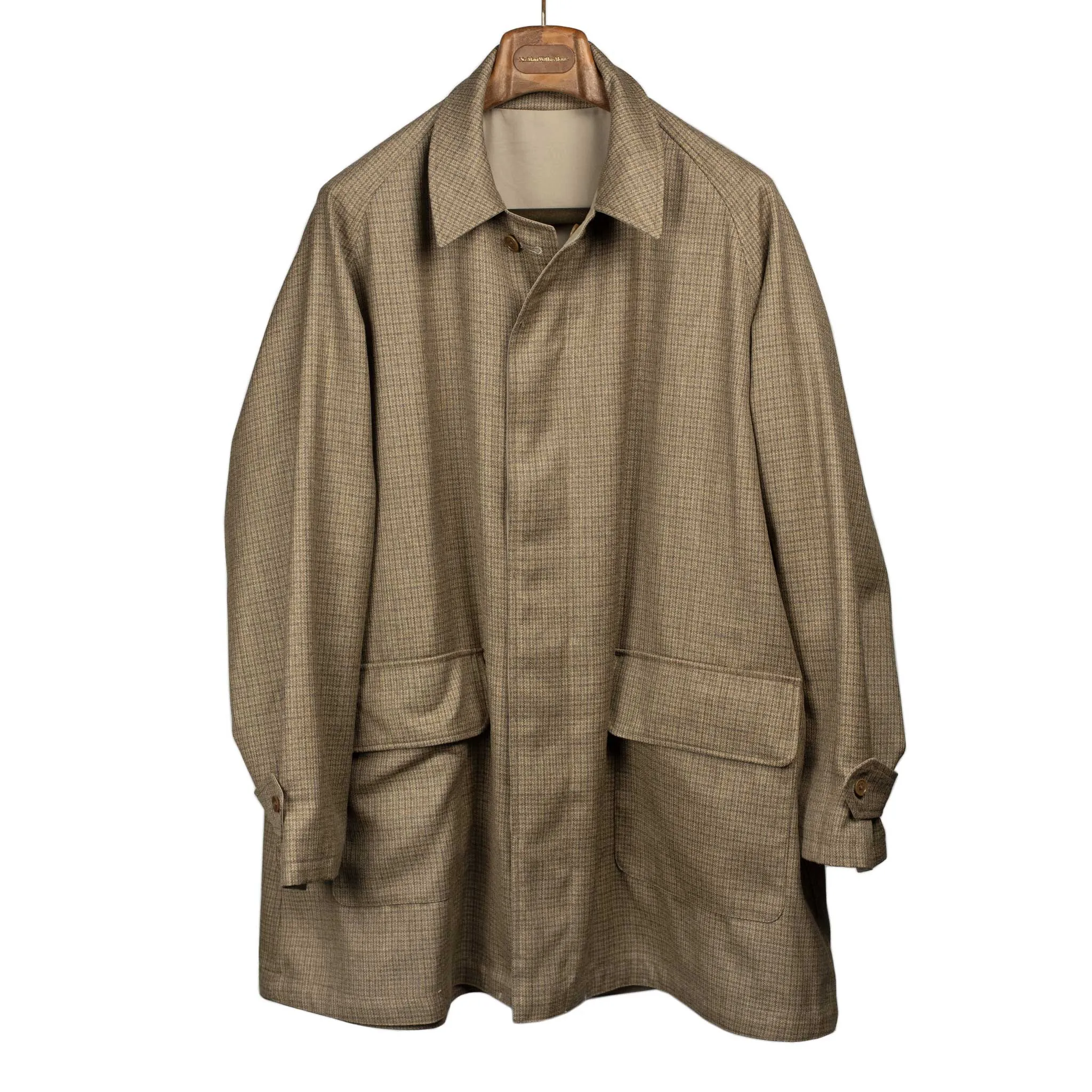 Reversible Short Walker coat in khaki cotton twill and wool gunclub check