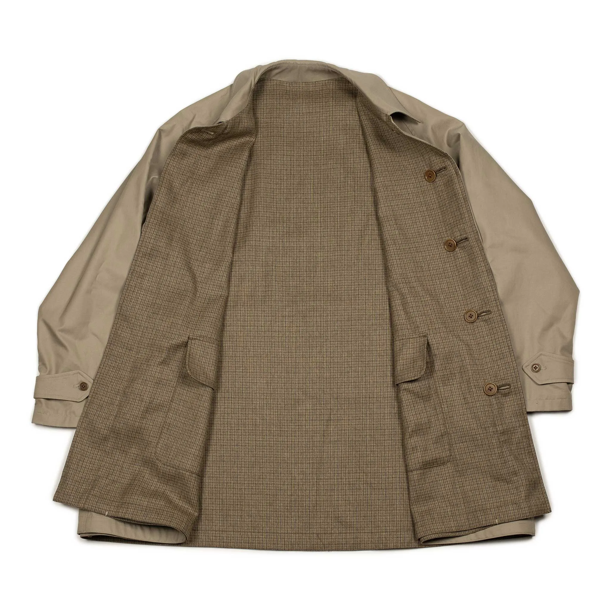 Reversible Short Walker coat in khaki cotton twill and wool gunclub check