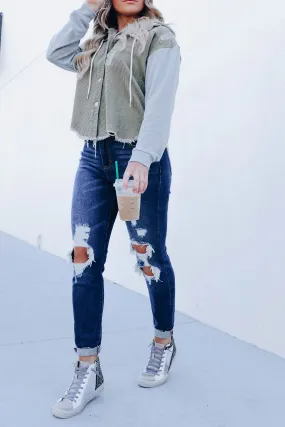 Rocky Denim Contrast Hoodie - Olive
