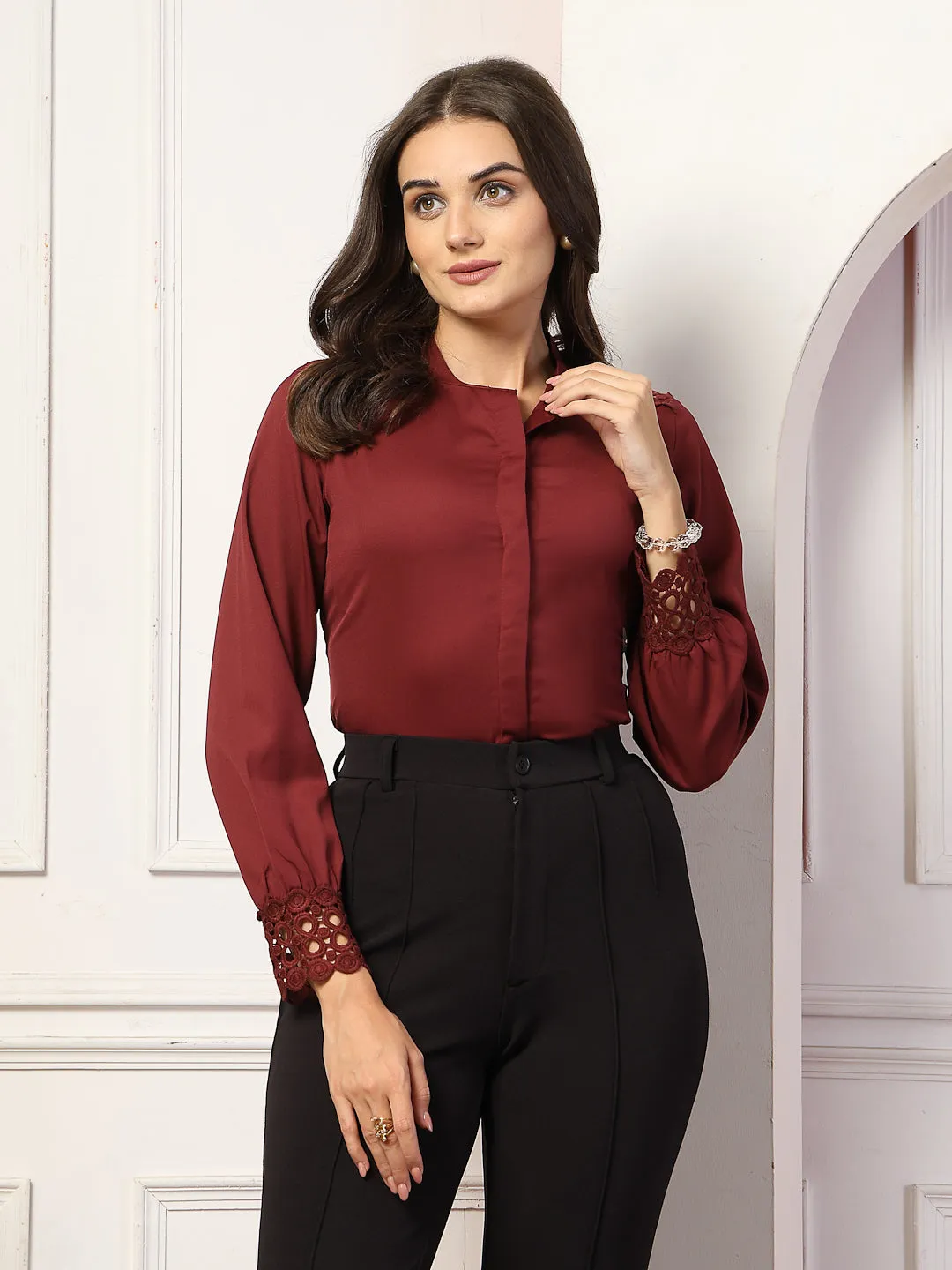 Style Quotient Women Solid Maroon Polymoss Shirt style Top