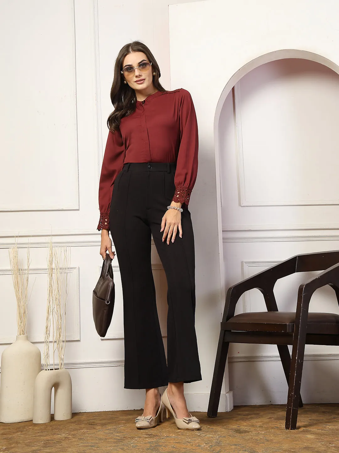 Style Quotient Women Solid Maroon Polymoss Shirt style Top