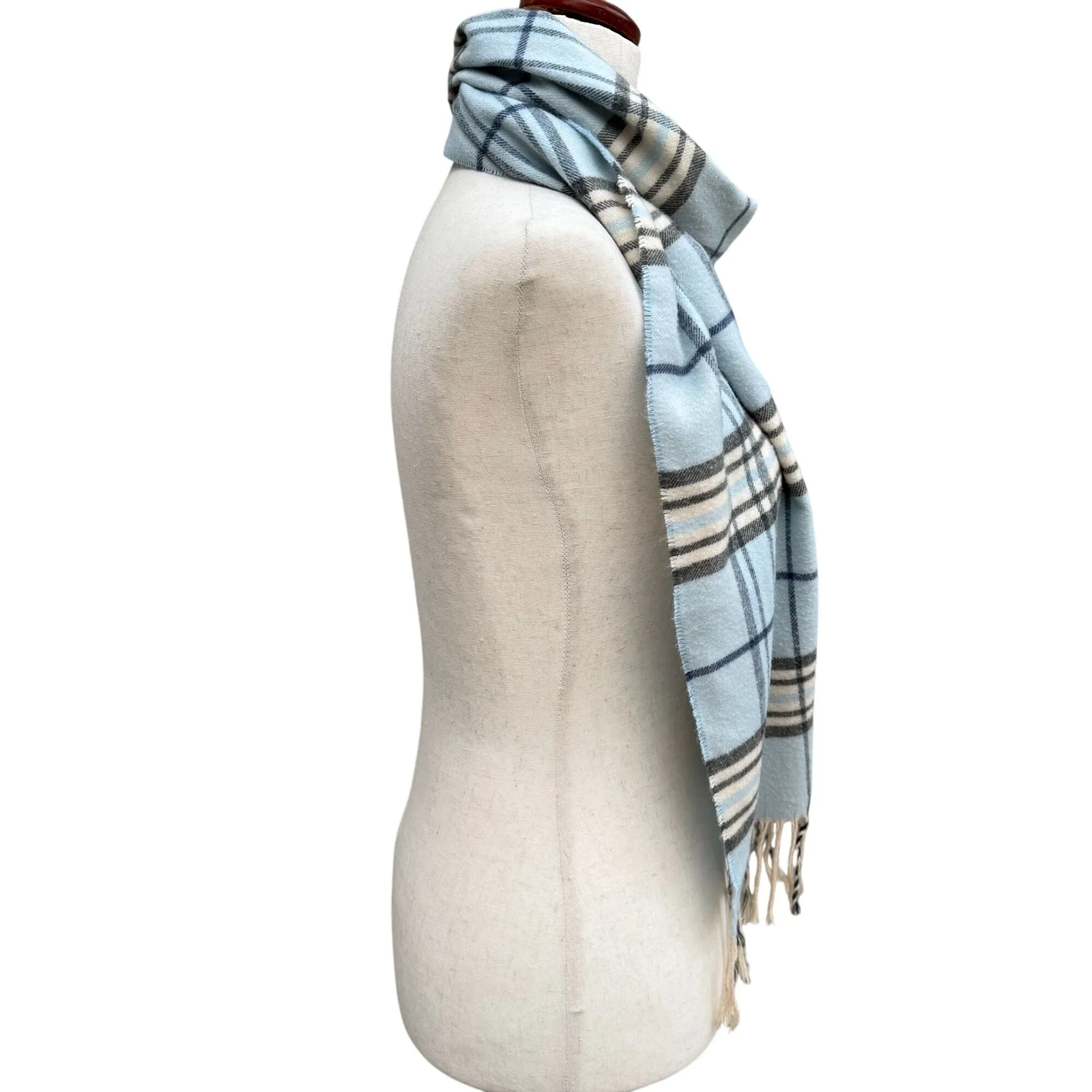 V. Fraas Cashmink Blue & Beige Plaid Design Fringe Scarf Wrap Made In Germany OS