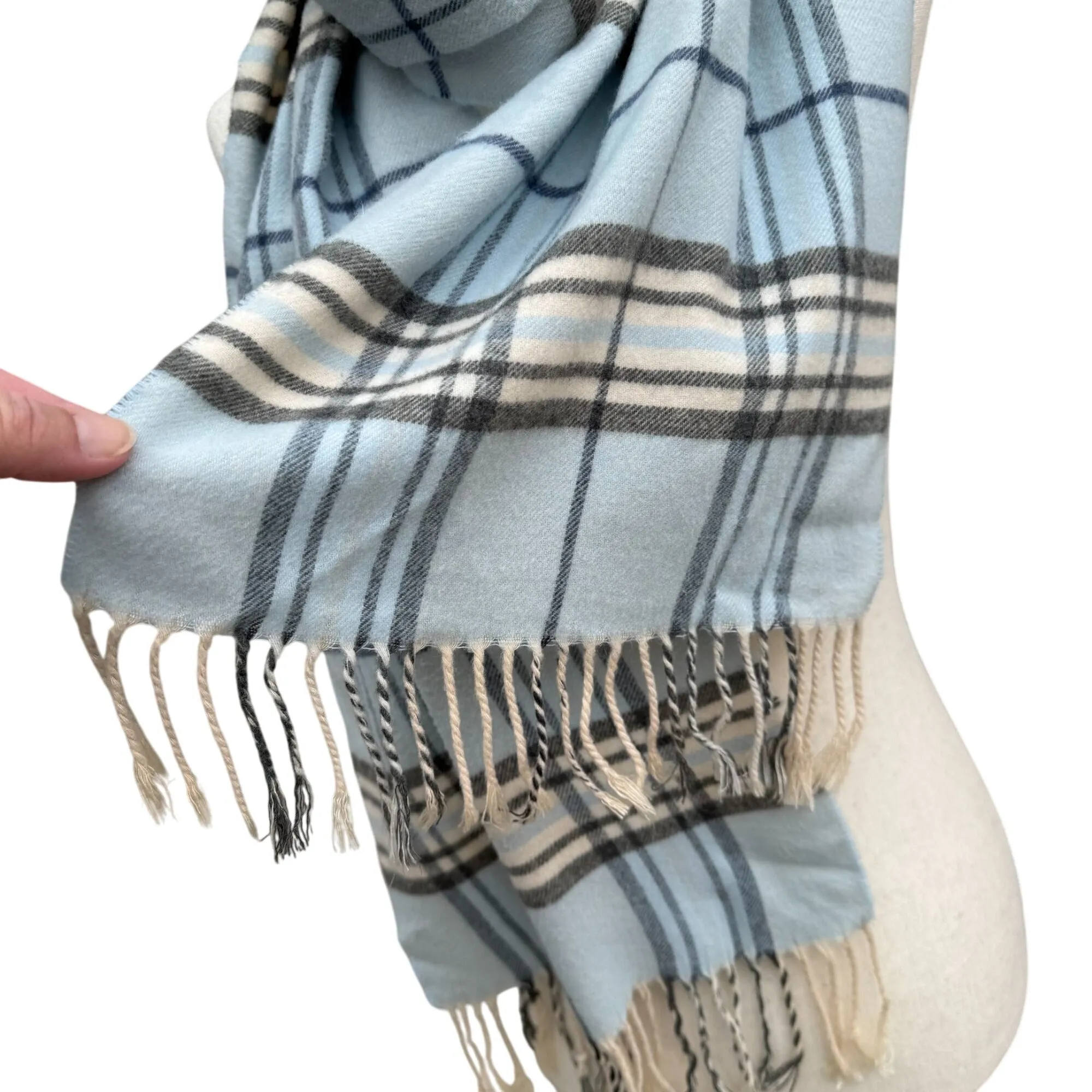 V. Fraas Cashmink Blue & Beige Plaid Design Fringe Scarf Wrap Made In Germany OS