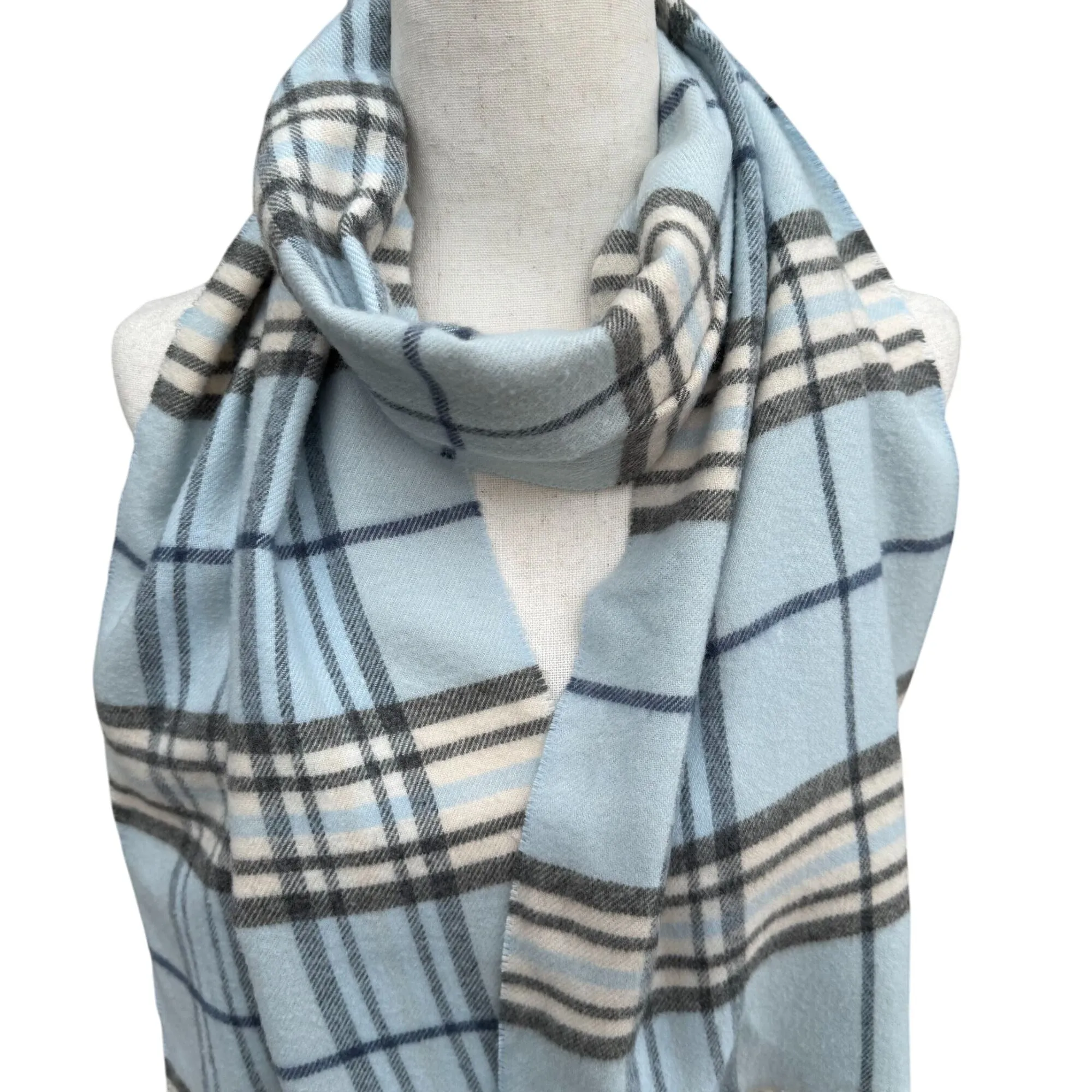 V. Fraas Cashmink Blue & Beige Plaid Design Fringe Scarf Wrap Made In Germany OS