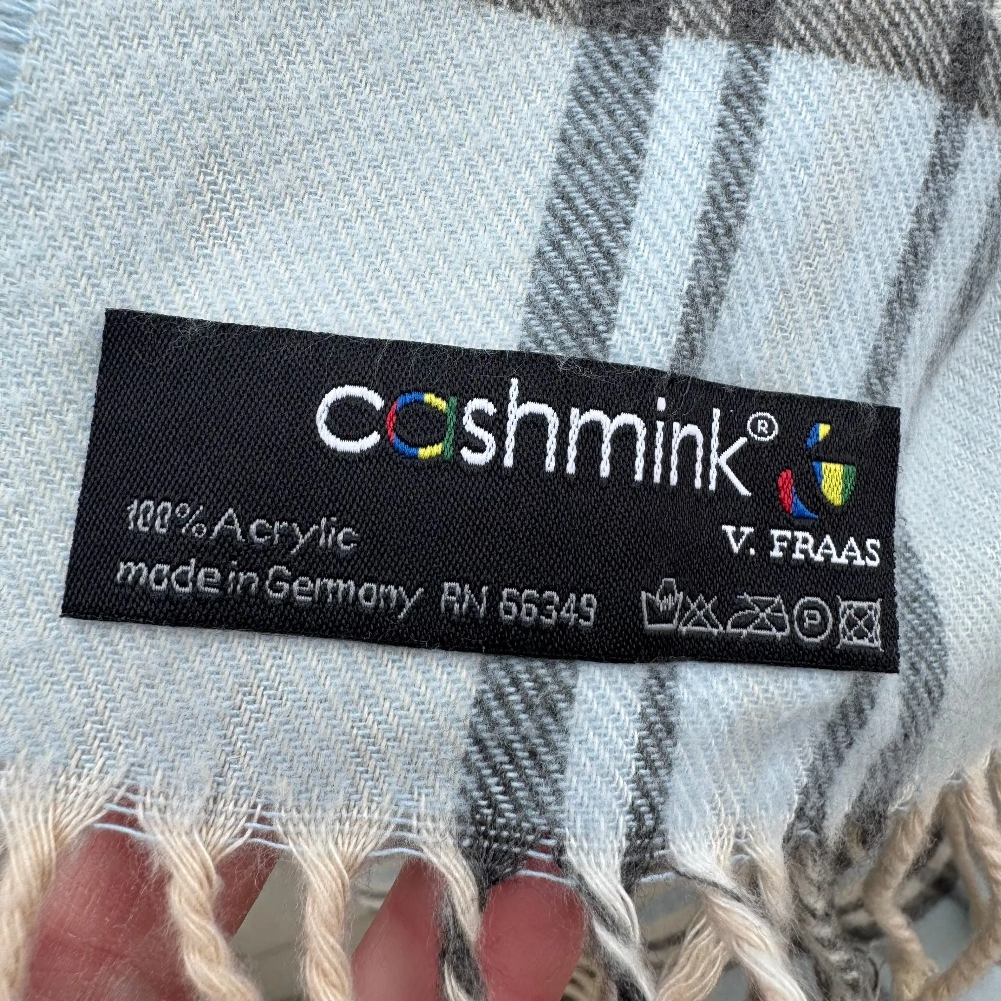 V. Fraas Cashmink Blue & Beige Plaid Design Fringe Scarf Wrap Made In Germany OS