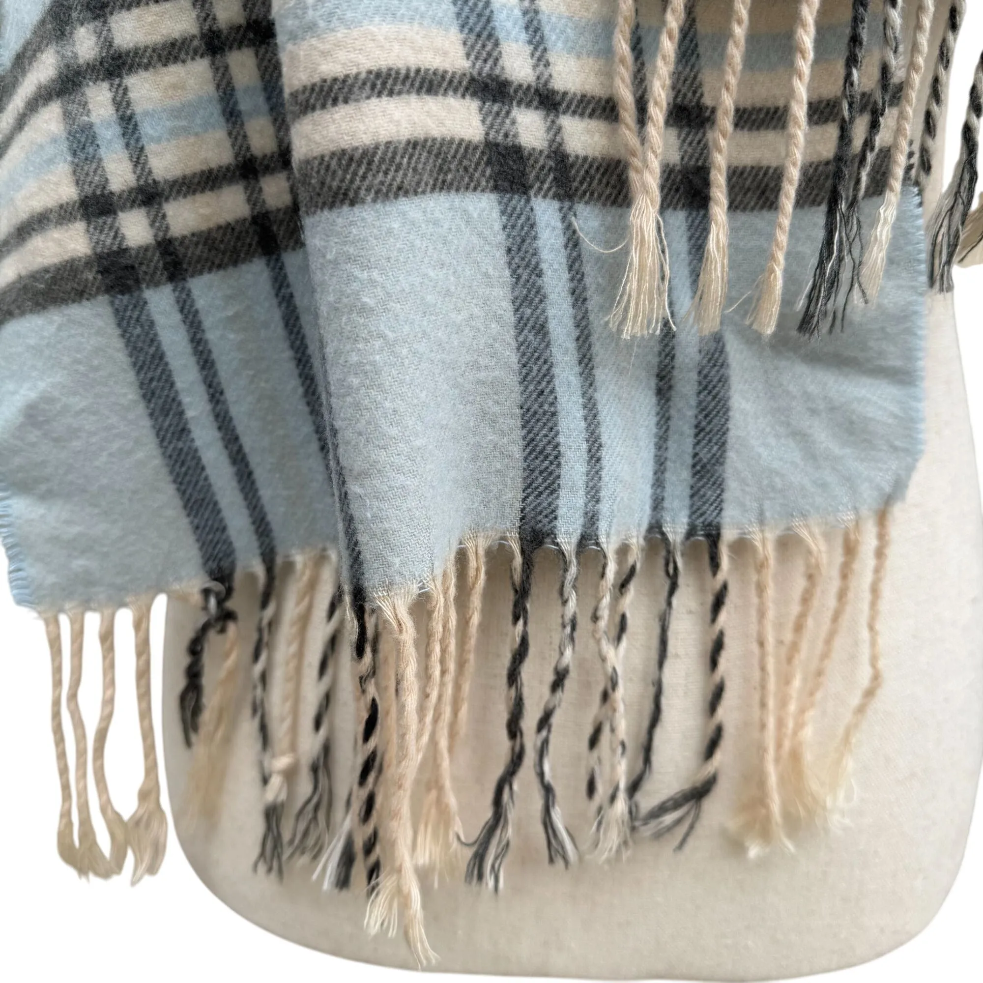 V. Fraas Cashmink Blue & Beige Plaid Design Fringe Scarf Wrap Made In Germany OS