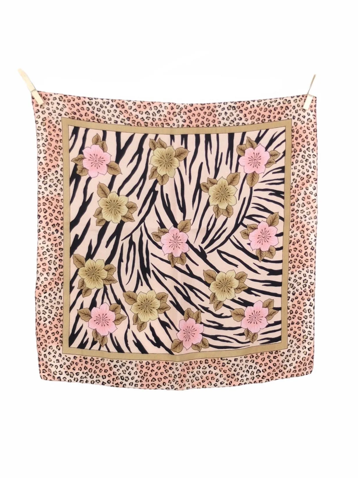 Vintage 80s Abstract Bohemian Pastel Pink Leopard Floral Zebra Animal Print Square Bandana Neck Tie Scarf