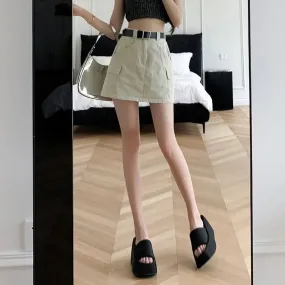 Vintage Belt Casual Female Cargo Skirt A-line Solid Color Chic Pockets Sexy Women's Mini Skirt Fashion Basic Office Lady