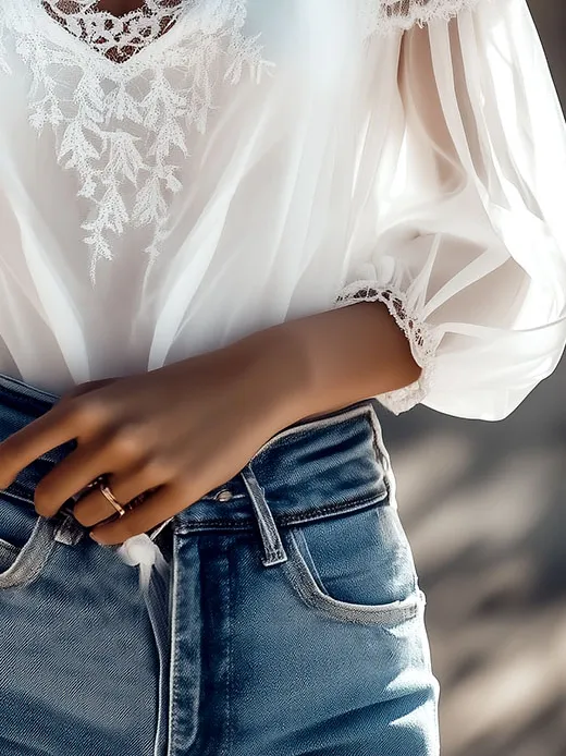 Vintage Lace Ptachwork Button Down Ruffled Cuffs Shirt