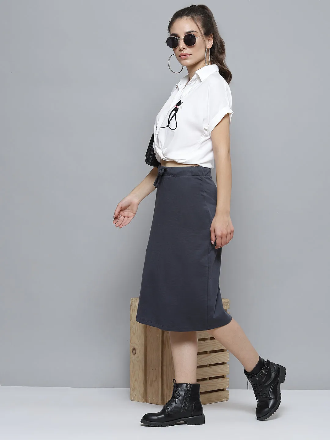 Women Navy Terry Pencil Skirt