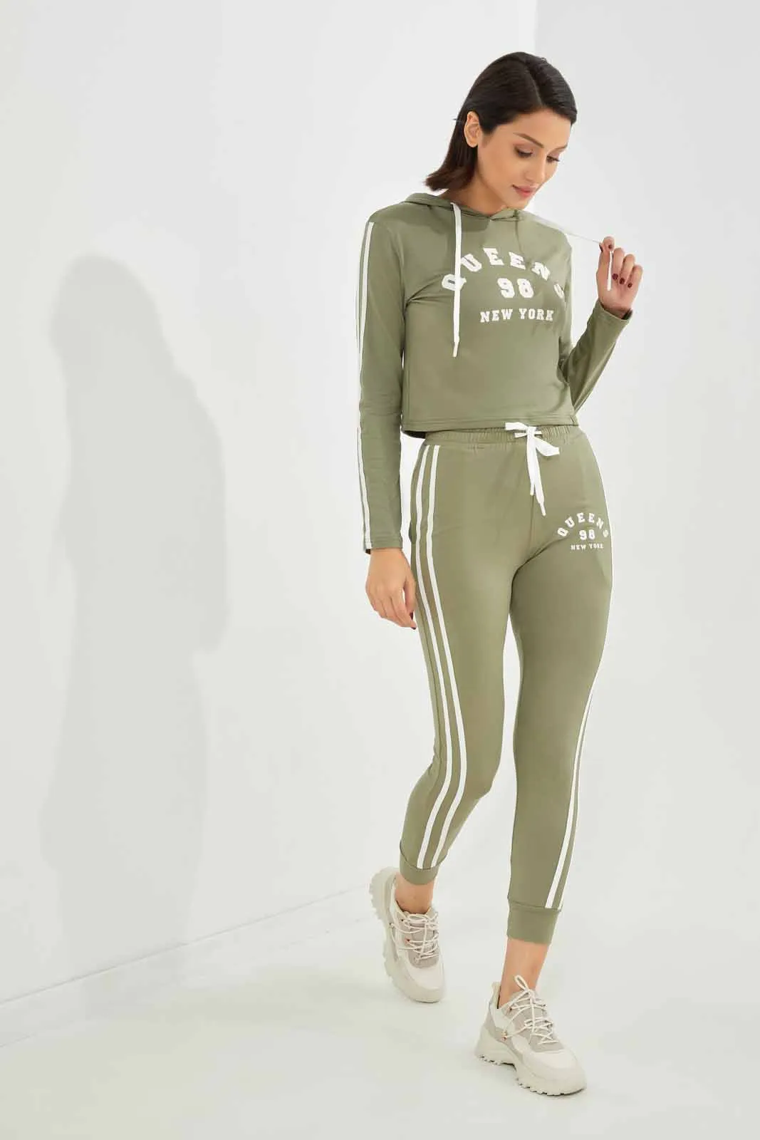 Women Olive Hoodie Embellished Sweatshirt