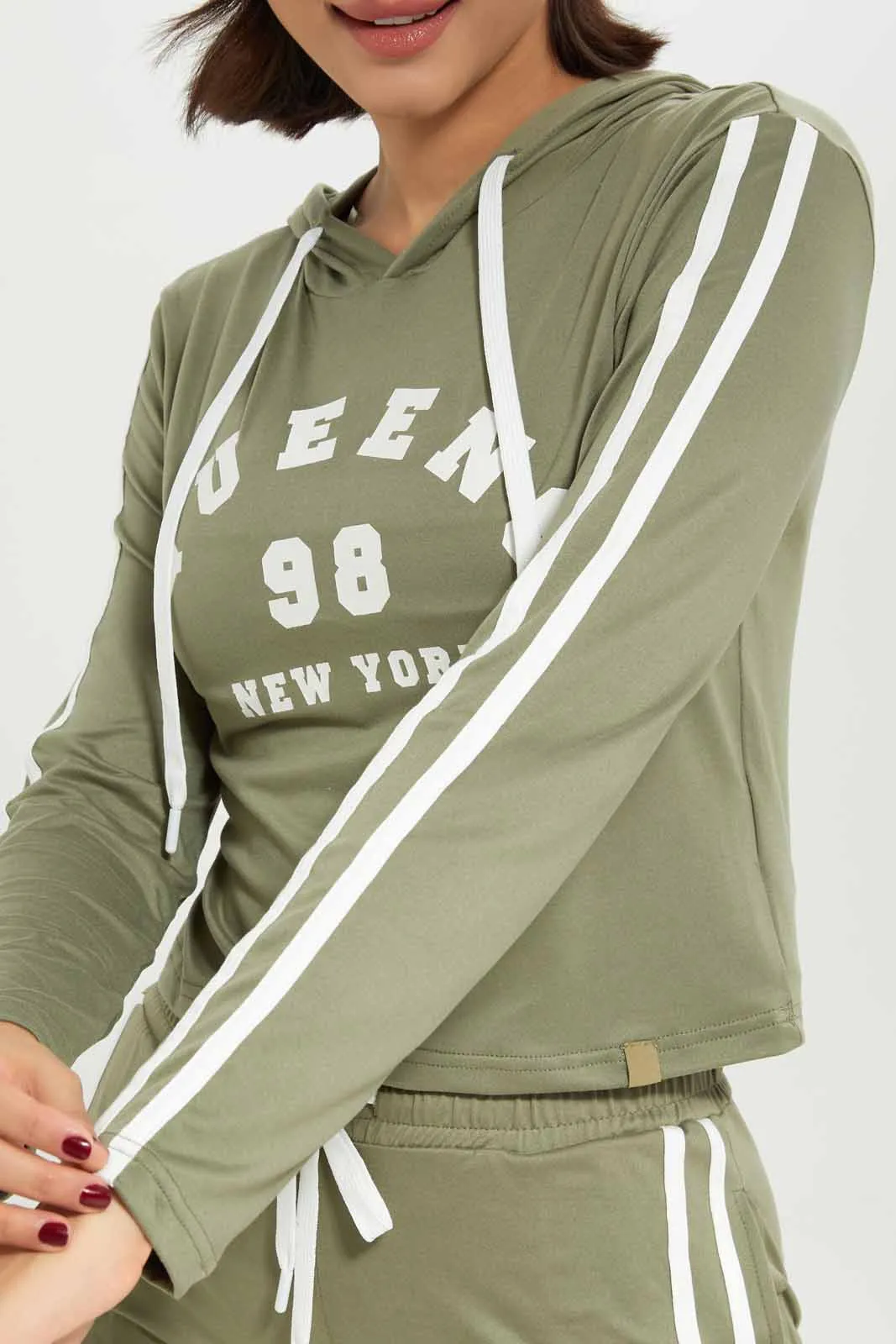 Women Olive Hoodie Embellished Sweatshirt