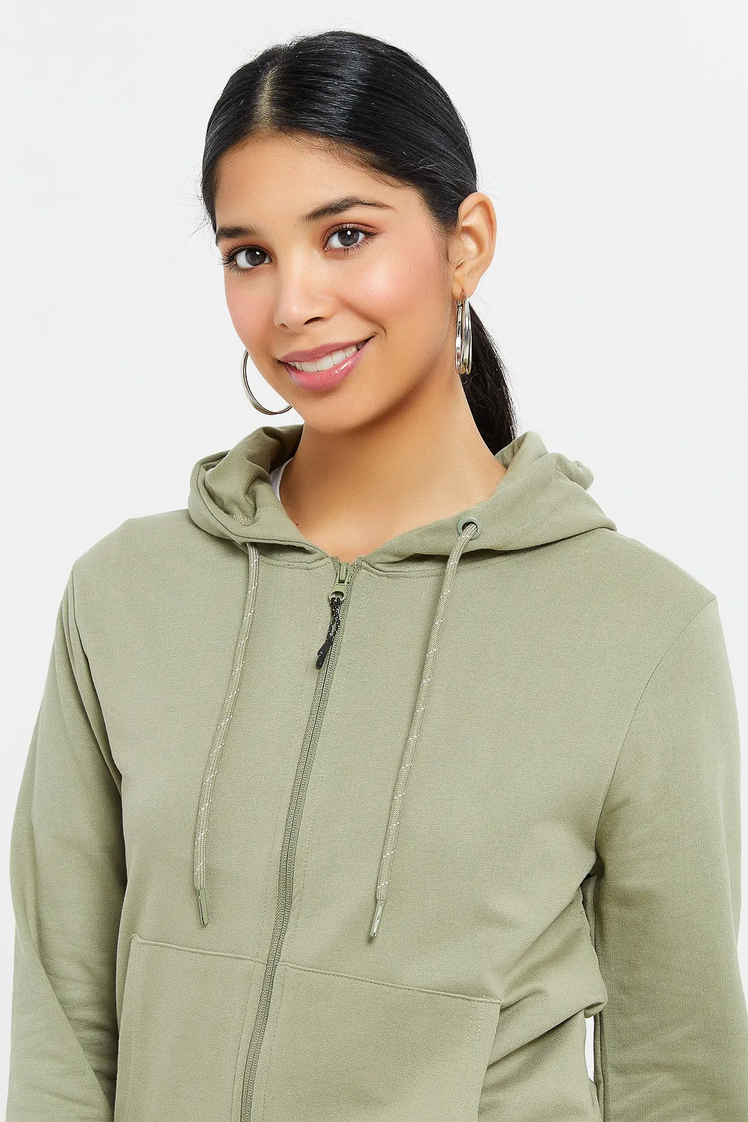 Women Olive Zip Through Hoodie