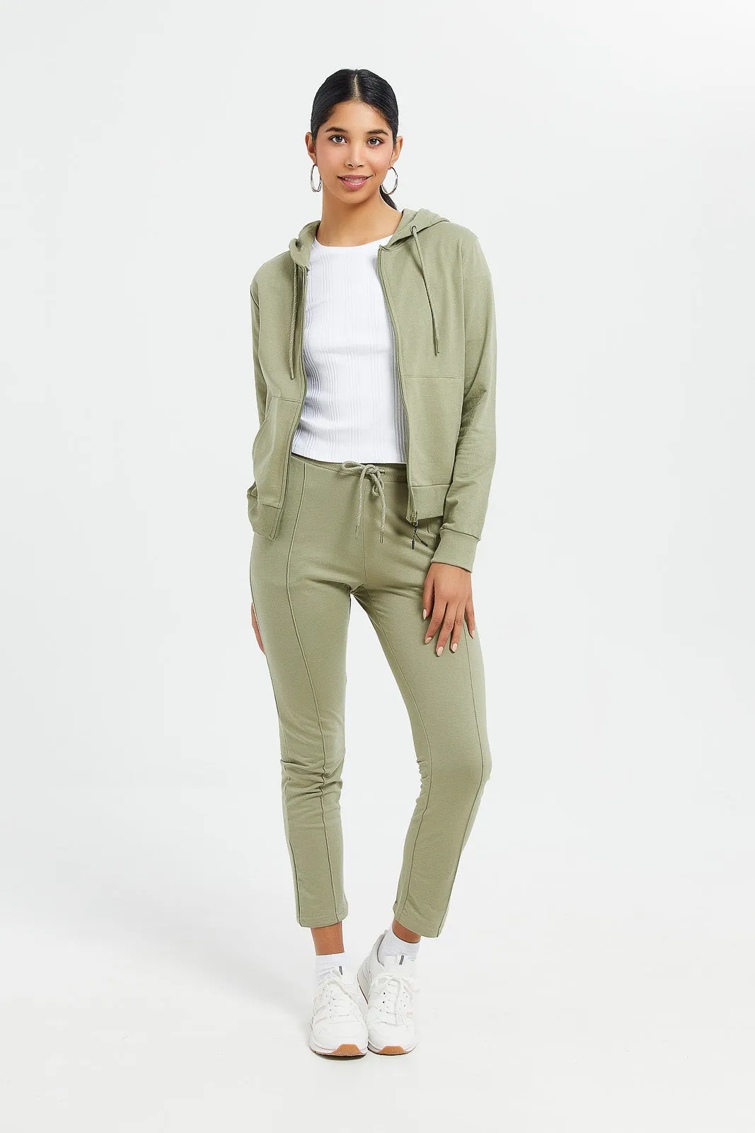 Women Olive Zip Through Hoodie