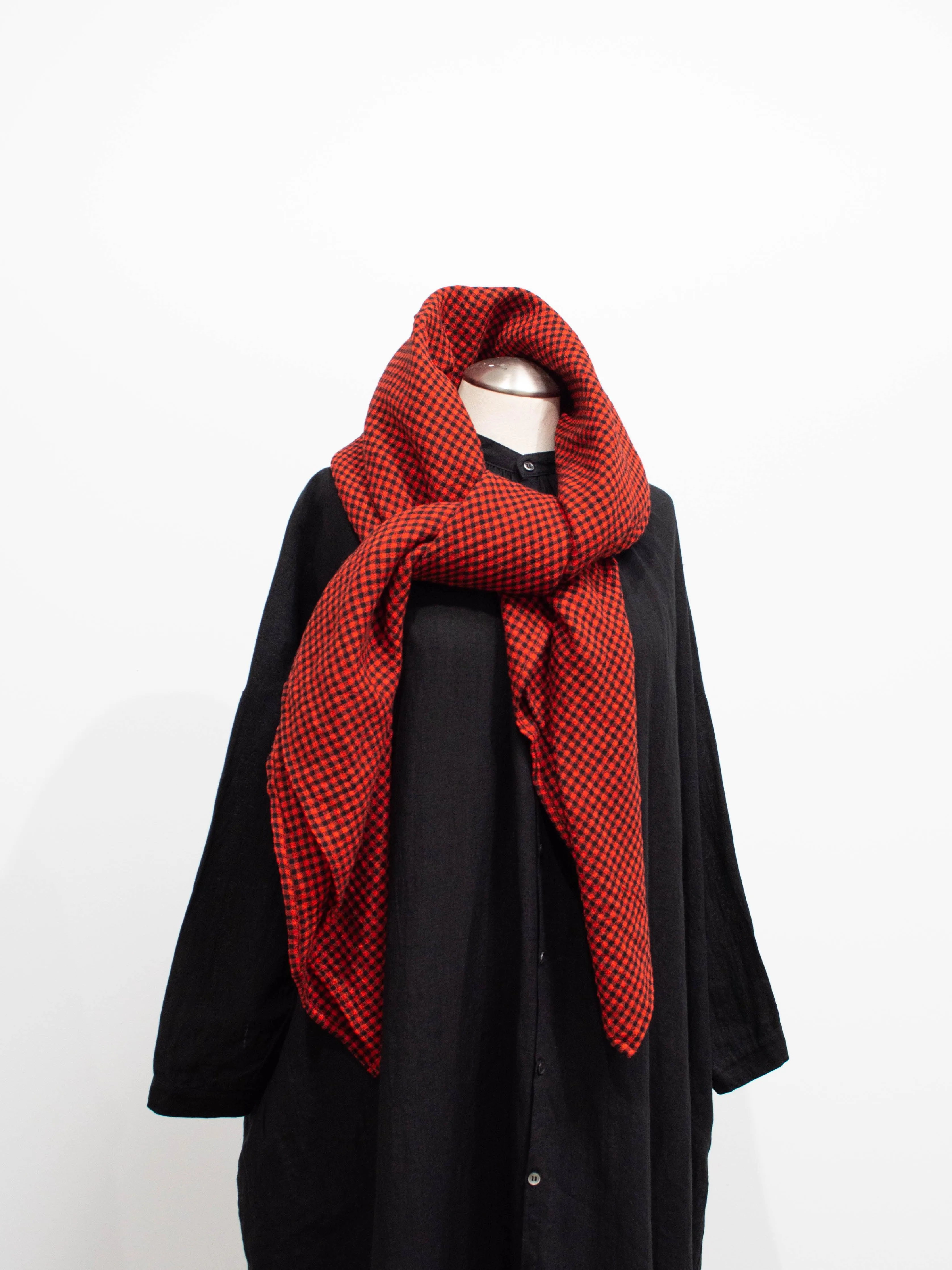 Wool Linen Gingham Stole - Red x Black